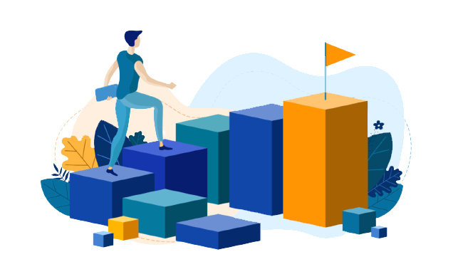 Girl climbing stairs upwards towards the end point with a flag showing growth